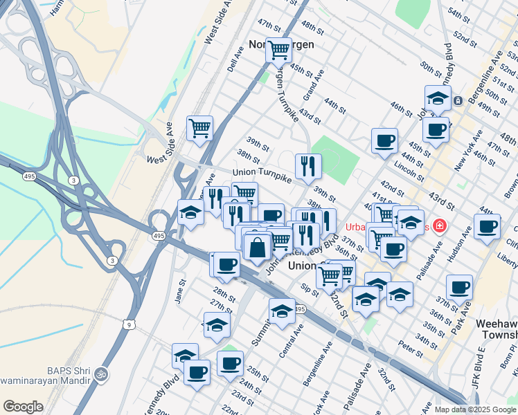 map of restaurants, bars, coffee shops, grocery stores, and more near 3626 Lincoln Terrace in North Bergen