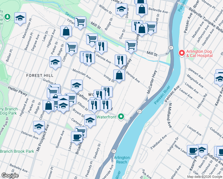 map of restaurants, bars, coffee shops, grocery stores, and more near 817 Broadway in Newark