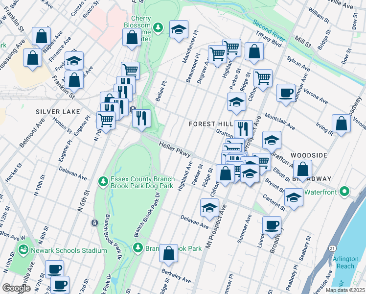 map of restaurants, bars, coffee shops, grocery stores, and more near 768 Lake Street in Newark