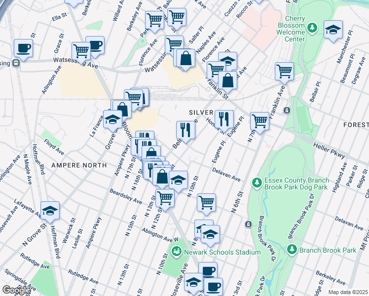 map of restaurants, bars, coffee shops, grocery stores, and more near 80 Belmont Avenue in Belleville