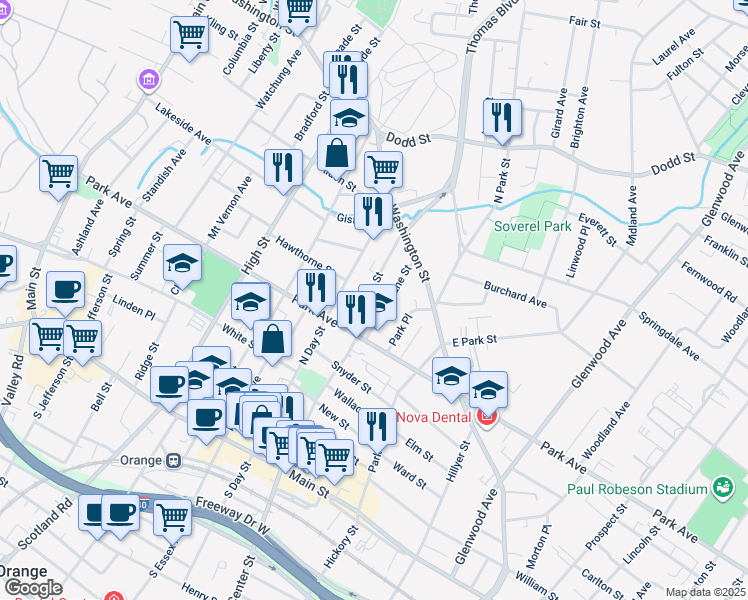 map of restaurants, bars, coffee shops, grocery stores, and more near 230 North Center Street in City of Orange