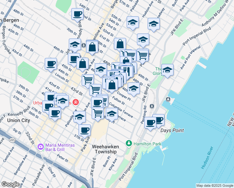 map of restaurants, bars, coffee shops, grocery stores, and more near 51 Cooper Place in Weehawken