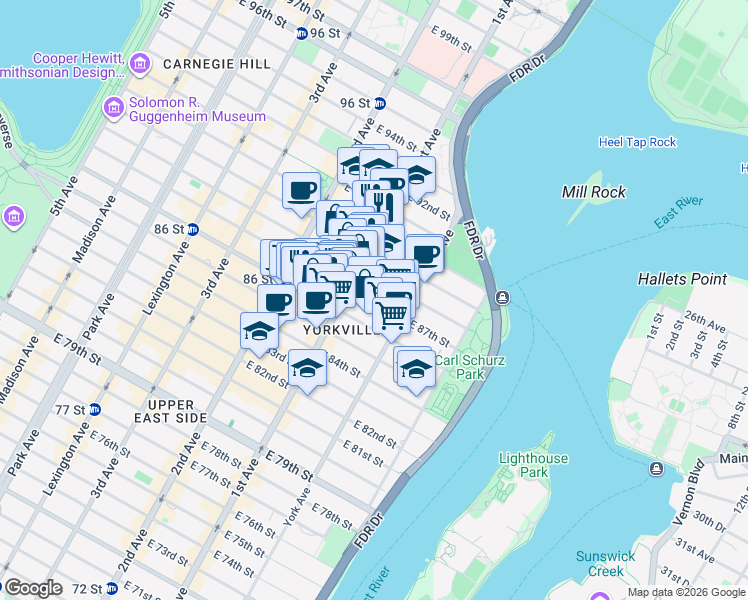 map of restaurants, bars, coffee shops, grocery stores, and more near 1689 1st Avenue in New York