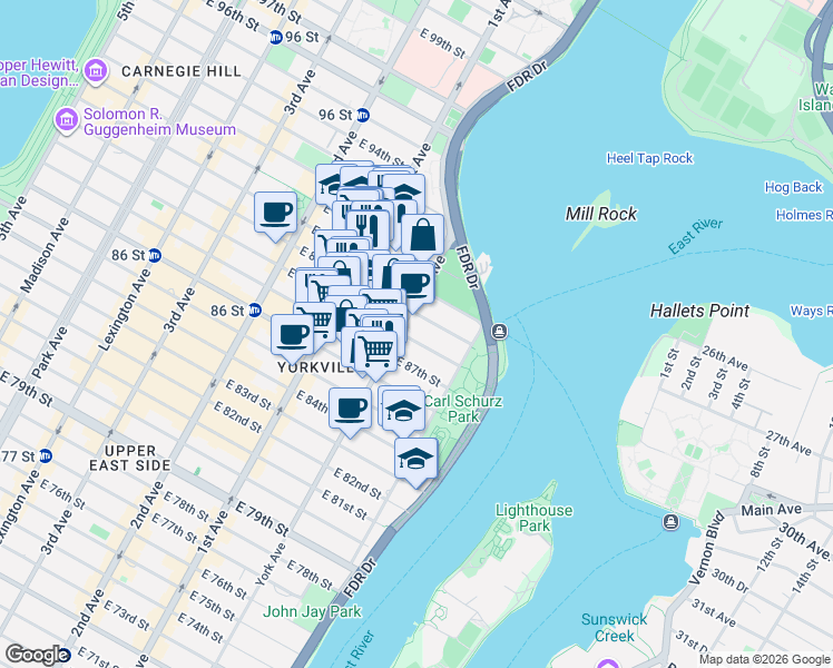 map of restaurants, bars, coffee shops, grocery stores, and more near 505 East 88th Street in New York