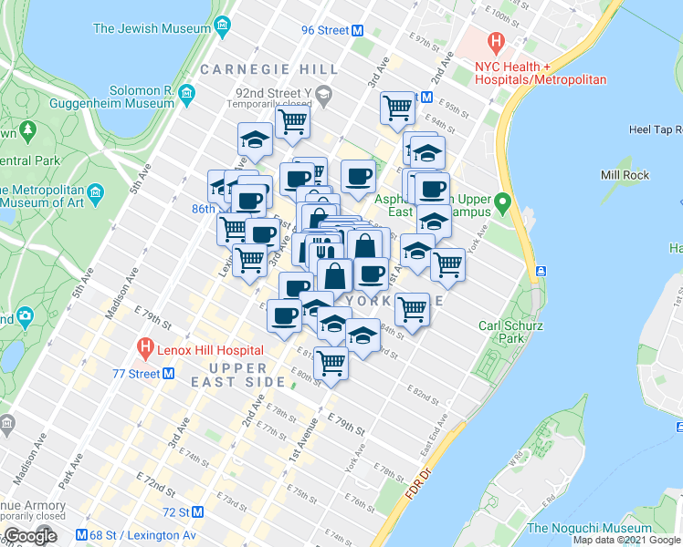 map of restaurants, bars, coffee shops, grocery stores, and more near 305 East 85th Street in New York