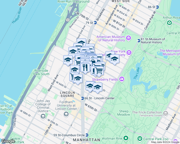 map of restaurants, bars, coffee shops, grocery stores, and more near in New York