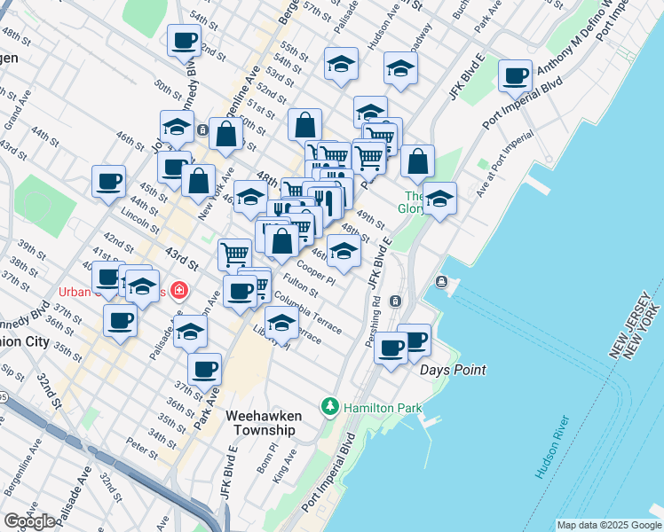 map of restaurants, bars, coffee shops, grocery stores, and more near 53 46th Street in Weehawken