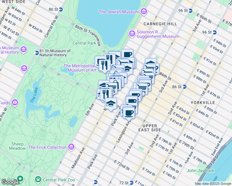 map of restaurants, bars, coffee shops, grocery stores, and more near 1061 Madison Avenue in New York