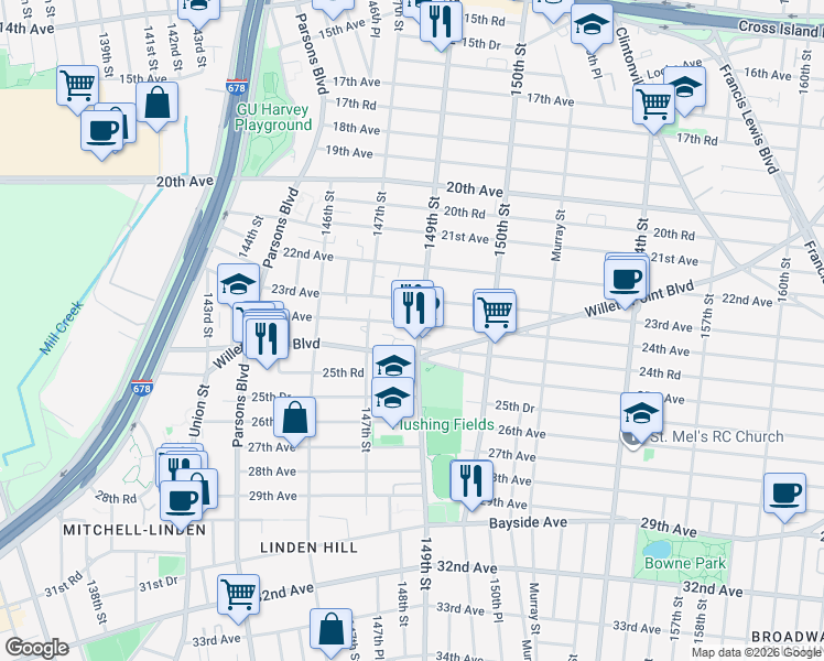 map of restaurants, bars, coffee shops, grocery stores, and more near 147-41 24th Avenue in Queens