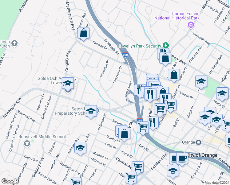 map of restaurants, bars, coffee shops, grocery stores, and more near 24 Hutton Avenue in West Orange