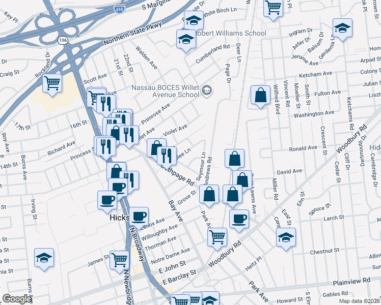 map of restaurants, bars, coffee shops, grocery stores, and more near 16 Boblee Lane in Hicksville