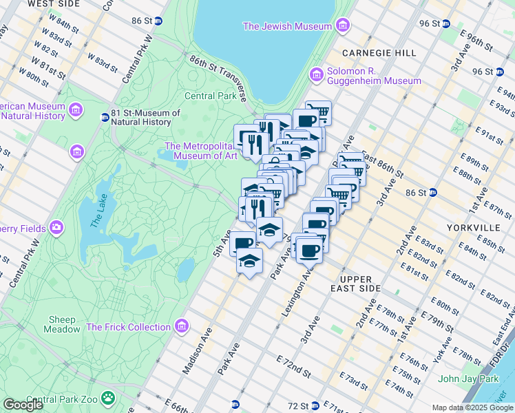 map of restaurants, bars, coffee shops, grocery stores, and more near 6 East 80th Street in New York