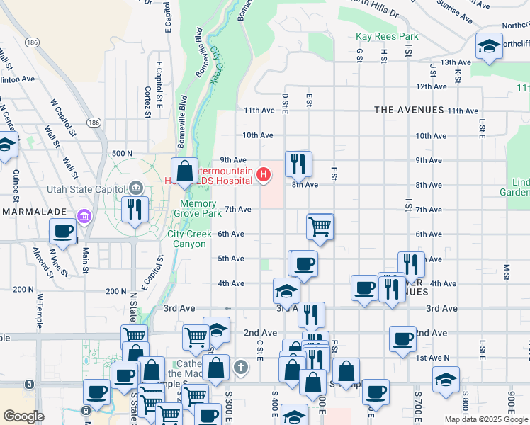map of restaurants, bars, coffee shops, grocery stores, and more near 340 C Street East in Salt Lake City