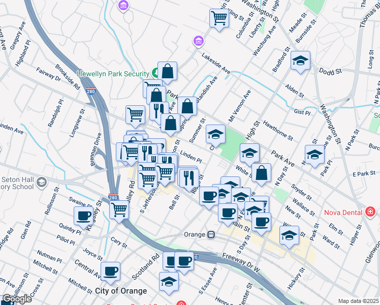 map of restaurants, bars, coffee shops, grocery stores, and more near 493 Linden Pl in Orange