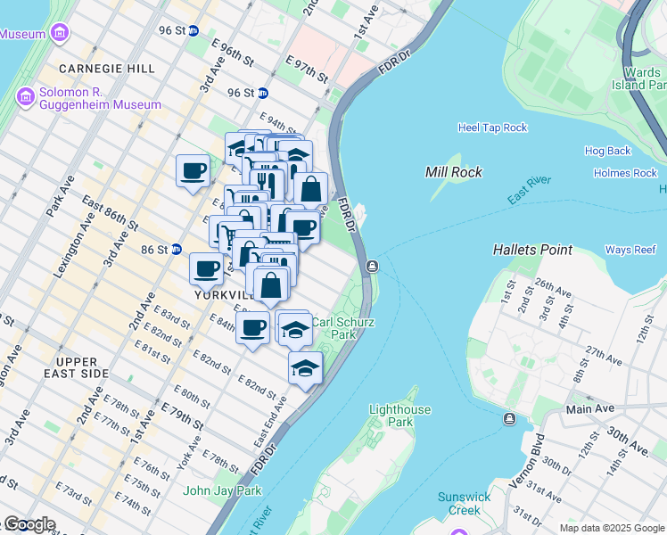 map of restaurants, bars, coffee shops, grocery stores, and more near 535 East 89th Street in New York