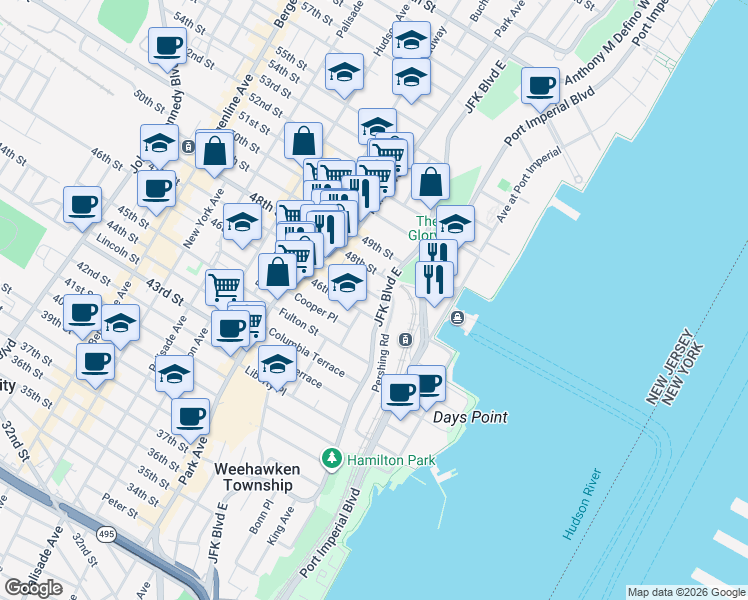 map of restaurants, bars, coffee shops, grocery stores, and more near 16 47th Street in Weehawken