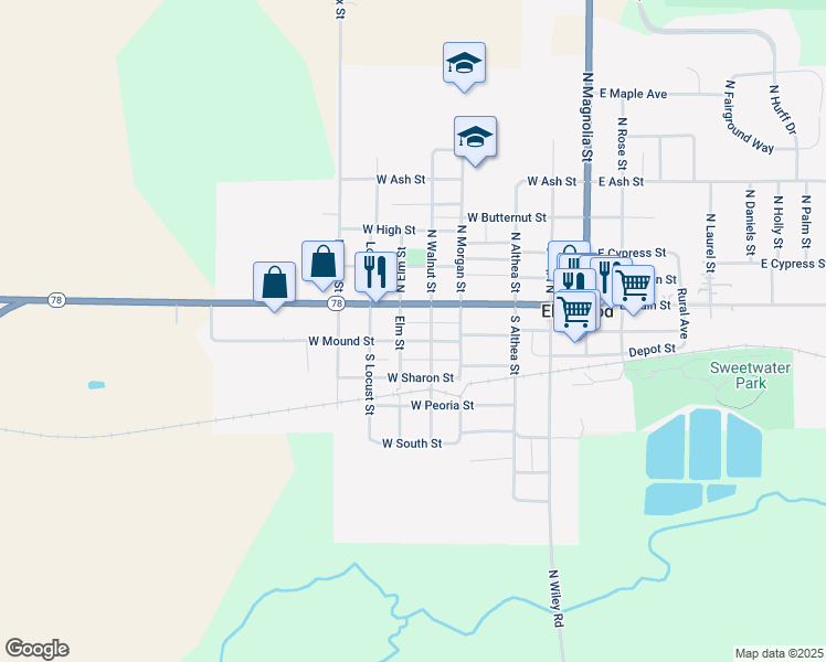 map of restaurants, bars, coffee shops, grocery stores, and more near 508 West Main Street in Elmwood