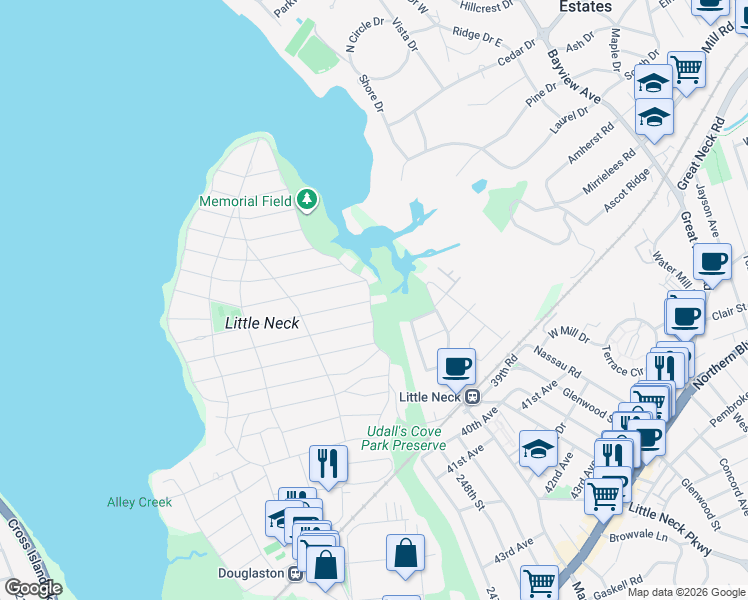 map of restaurants, bars, coffee shops, grocery stores, and more near 32-17 Douglas Road in Queens