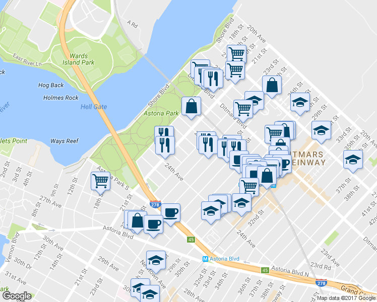 map of restaurants, bars, coffee shops, grocery stores, and more near 23-40 23rd Street in Queens