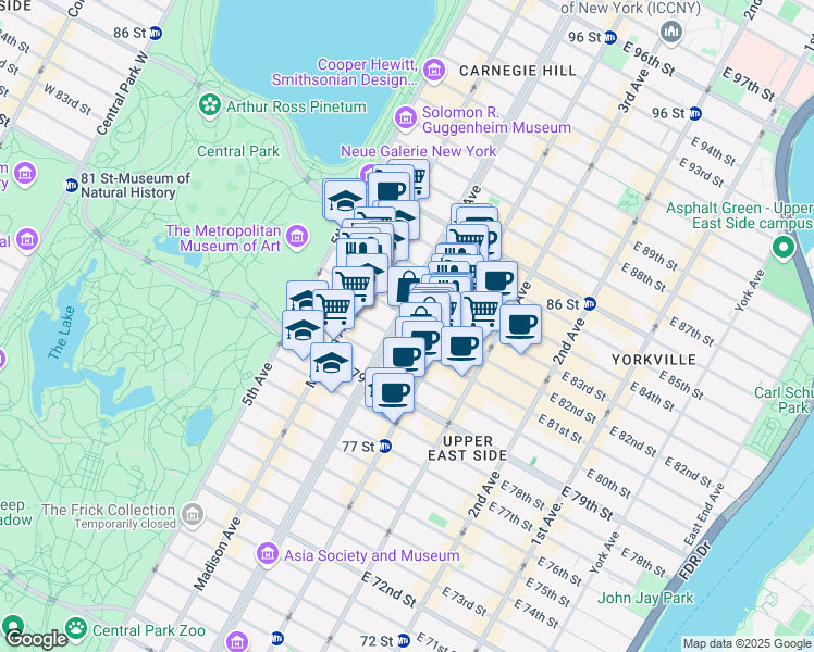 map of restaurants, bars, coffee shops, grocery stores, and more near 955 Park Avenue in New York