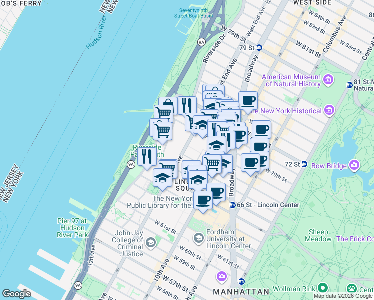map of restaurants, bars, coffee shops, grocery stores, and more near 180 West End Avenue in New York