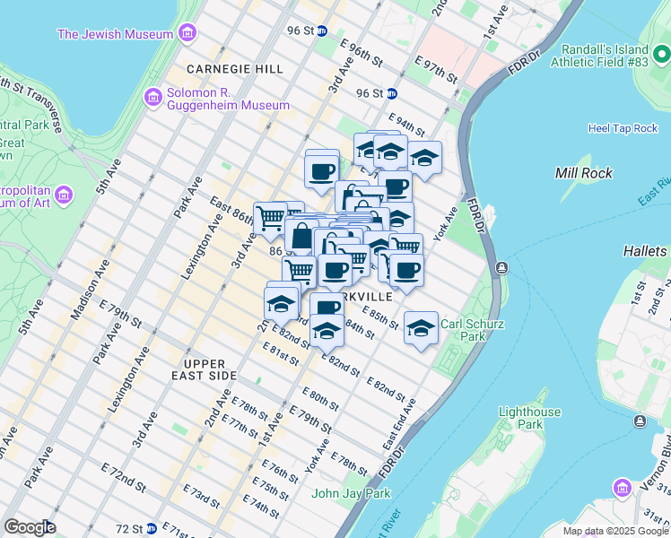 map of restaurants, bars, coffee shops, grocery stores, and more near 338 East 86th Street in New York