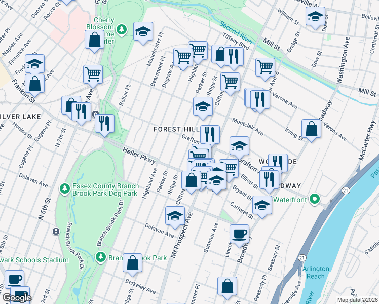 map of restaurants, bars, coffee shops, grocery stores, and more near 696 Ridge Street in Newark