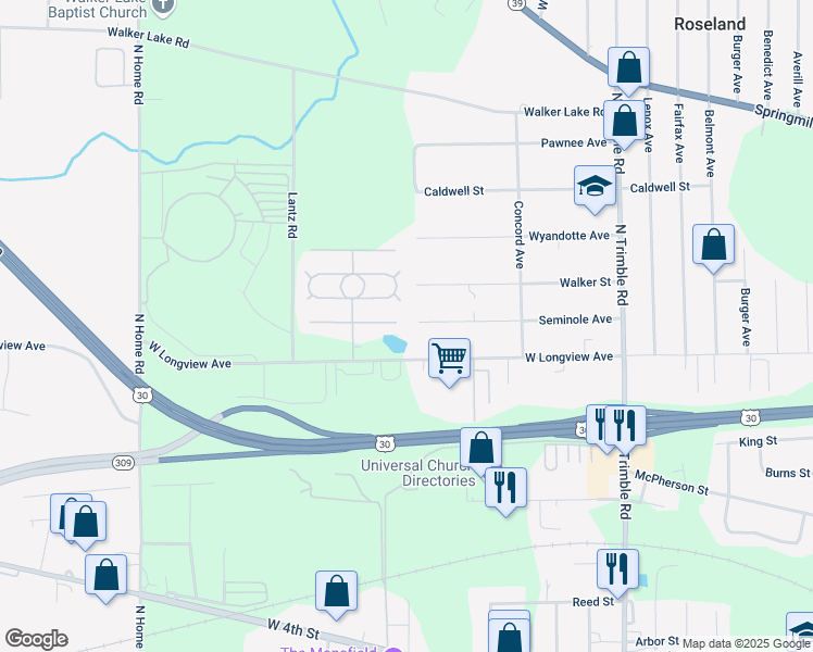 map of restaurants, bars, coffee shops, grocery stores, and more near 1250 Seminole Avenue in Mansfield