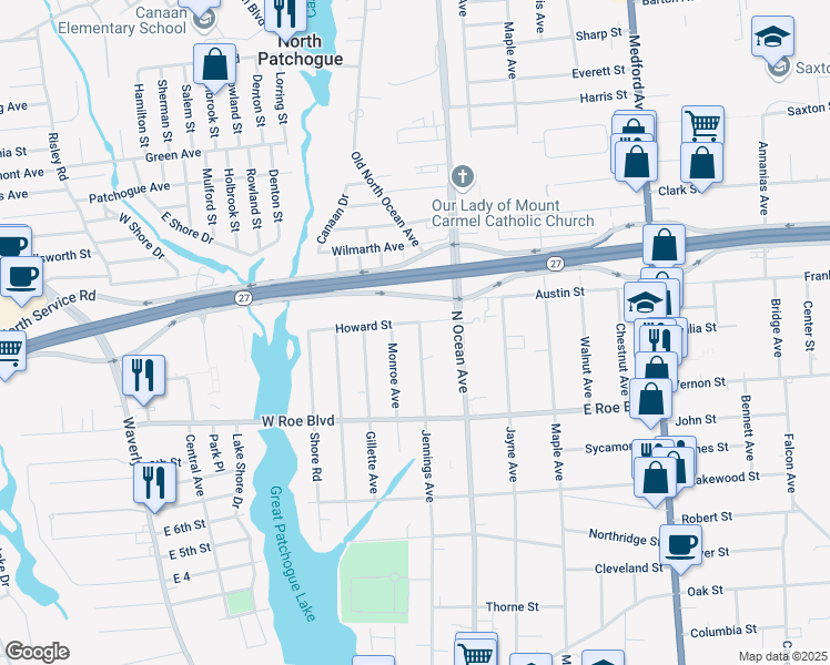 map of restaurants, bars, coffee shops, grocery stores, and more near 24 Howard Street in Patchogue