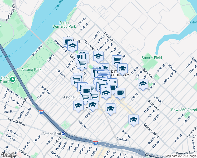 map of restaurants, bars, coffee shops, grocery stores, and more near 22- 1 27th Street in Queens