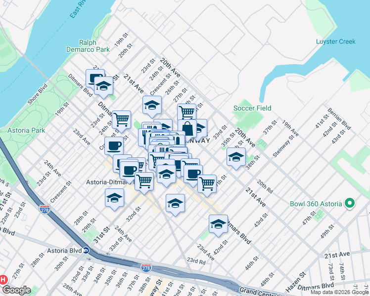 map of restaurants, bars, coffee shops, grocery stores, and more near 21-38 31st Street in Queens