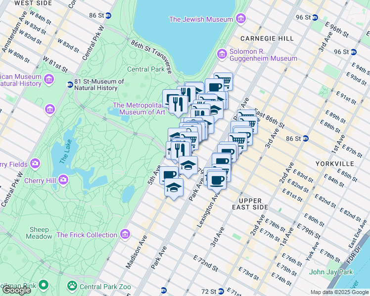 map of restaurants, bars, coffee shops, grocery stores, and more near 19 East 80th Street in New York