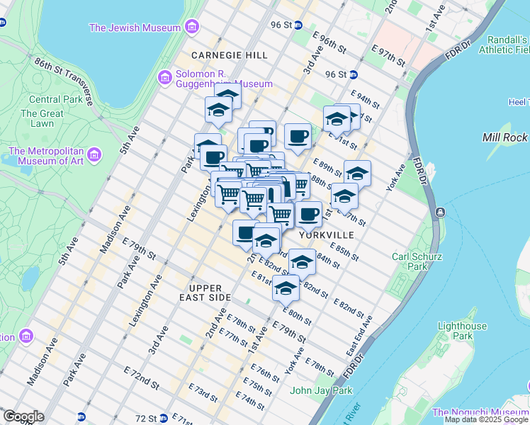 map of restaurants, bars, coffee shops, grocery stores, and more near 234 East 85th Street in New York