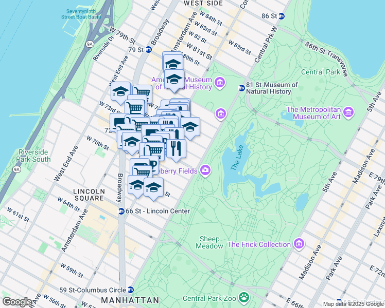 map of restaurants, bars, coffee shops, grocery stores, and more near 21 West 73rd Street in New York
