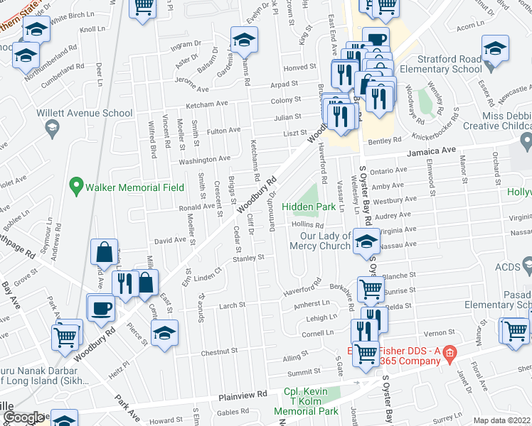 map of restaurants, bars, coffee shops, grocery stores, and more near 161 Dartmouth Drive in Hicksville