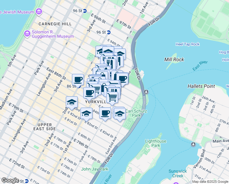 map of restaurants, bars, coffee shops, grocery stores, and more near 448 East 88th Street in New York