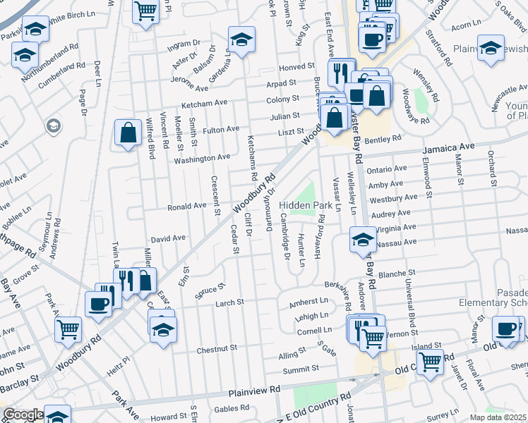 map of restaurants, bars, coffee shops, grocery stores, and more near 5 Allen Street in Hicksville