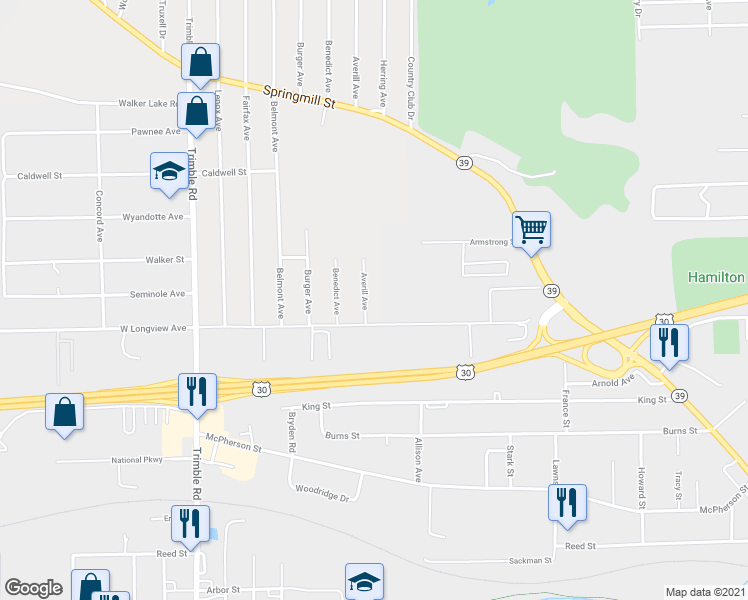 map of restaurants, bars, coffee shops, grocery stores, and more near 664 Averill Avenue in Mansfield