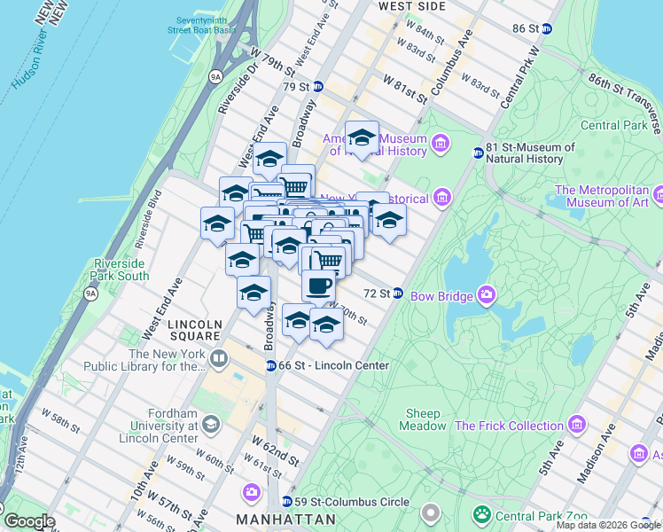 map of restaurants, bars, coffee shops, grocery stores, and more near 252 Columbus Avenue in New York