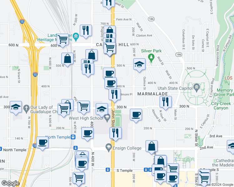 map of restaurants, bars, coffee shops, grocery stores, and more near 264 West Ardmore Place in Salt Lake City