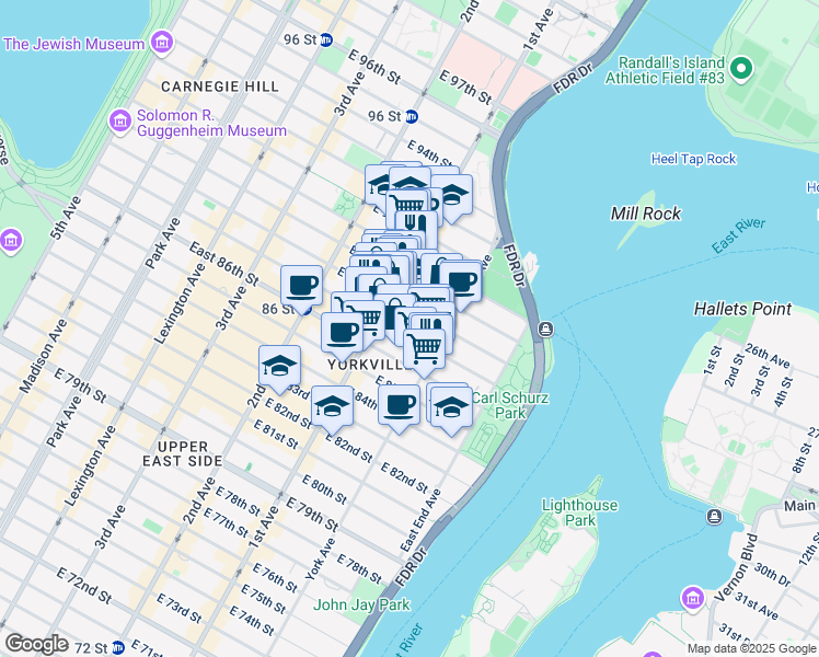 map of restaurants, bars, coffee shops, grocery stores, and more near 438 East 88th Street in New York
