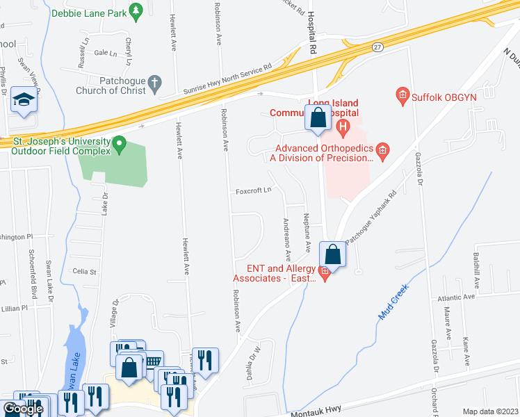 map of restaurants, bars, coffee shops, grocery stores, and more near 19 Eastbourne Crescent in Patchogue