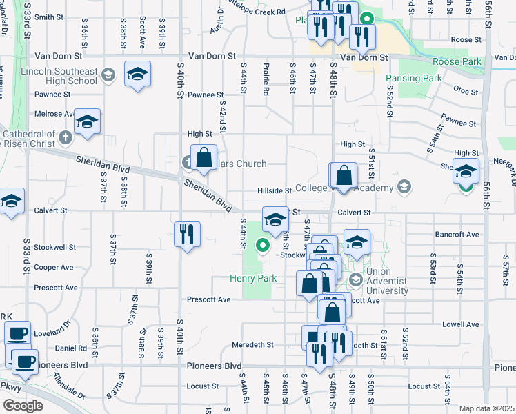 map of restaurants, bars, coffee shops, grocery stores, and more near 4434 Calvert Street in Lincoln
