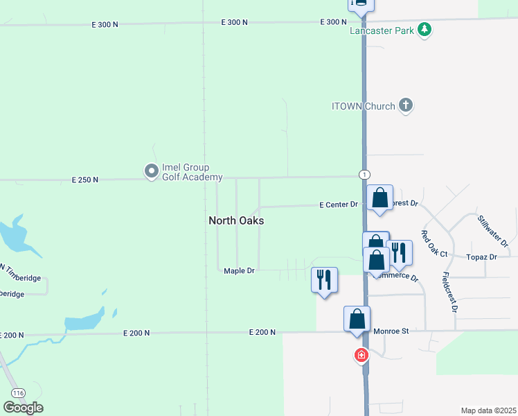 map of restaurants, bars, coffee shops, grocery stores, and more near 2501 East Center Drive in Bluffton