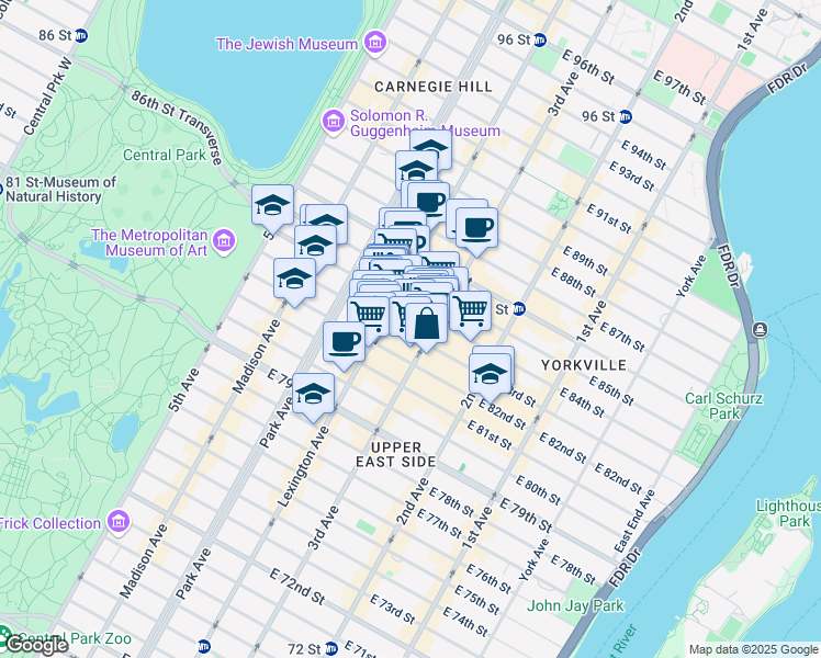 map of restaurants, bars, coffee shops, grocery stores, and more near 165 East 83rd Street in New York