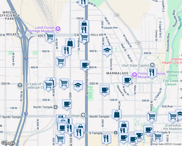 map of restaurants, bars, coffee shops, grocery stores, and more near 252 West Ardmore Place in Salt Lake City