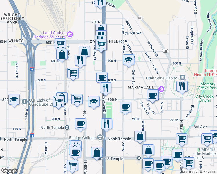 map of restaurants, bars, coffee shops, grocery stores, and more near 252 West Ardmore Place in Salt Lake City