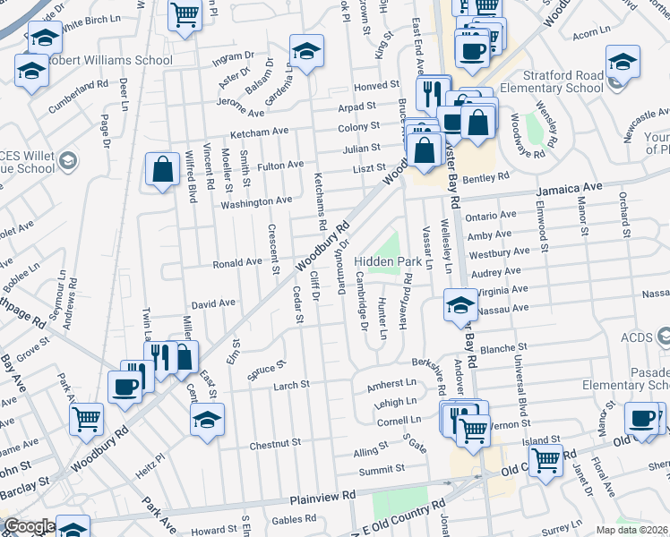 map of restaurants, bars, coffee shops, grocery stores, and more near 5 Allen Street in Hicksville