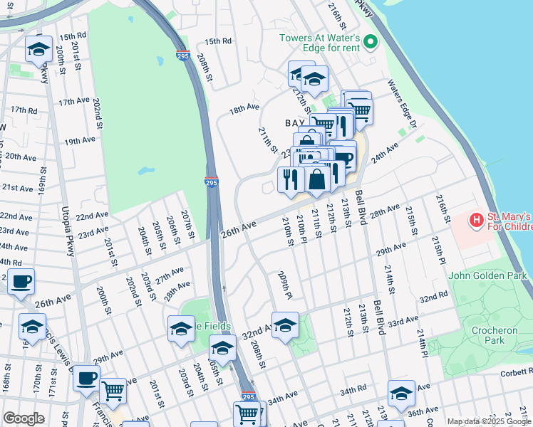 map of restaurants, bars, coffee shops, grocery stores, and more near 209-33 26th Avenue in Queens