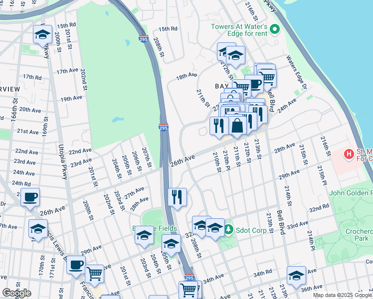 map of restaurants, bars, coffee shops, grocery stores, and more near 209-33 26th Avenue in Queens